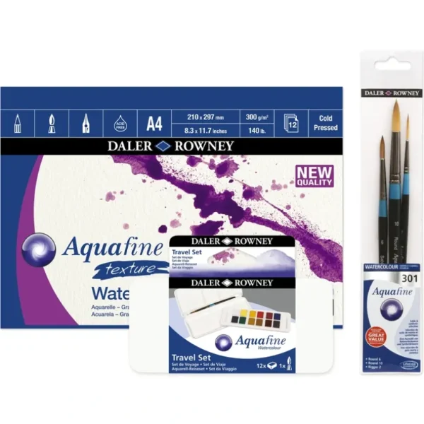 Daler-Rowney Aquafine Watercolour Bundle - Travel Set of 12 Half Pans + A4 Pad + Brushes - Little Painter Art | Exploring the Endless Possibilities of Art Discount