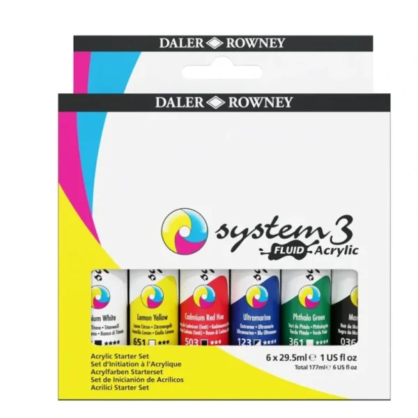 Daler-Rowney System3 Fluid Acrylic Starter Set - 6 x 29.5ml Tubes - Little Painter Art | Exploring the Endless Possibilities of Art Online